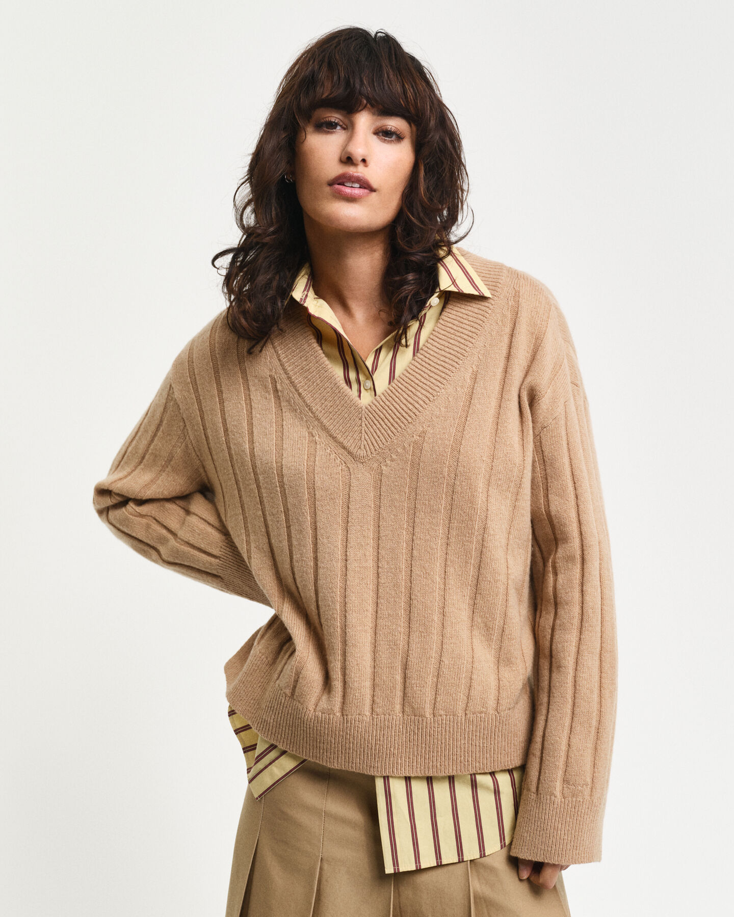 Wide Ribbed Wool V-Neck Sweater