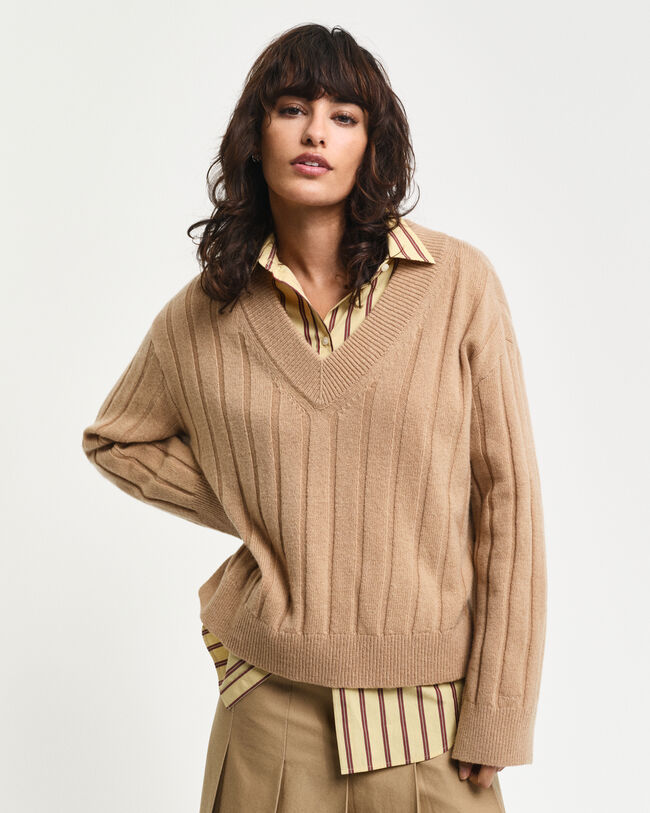 Wide Ribbed Wool V-Neck Sweater