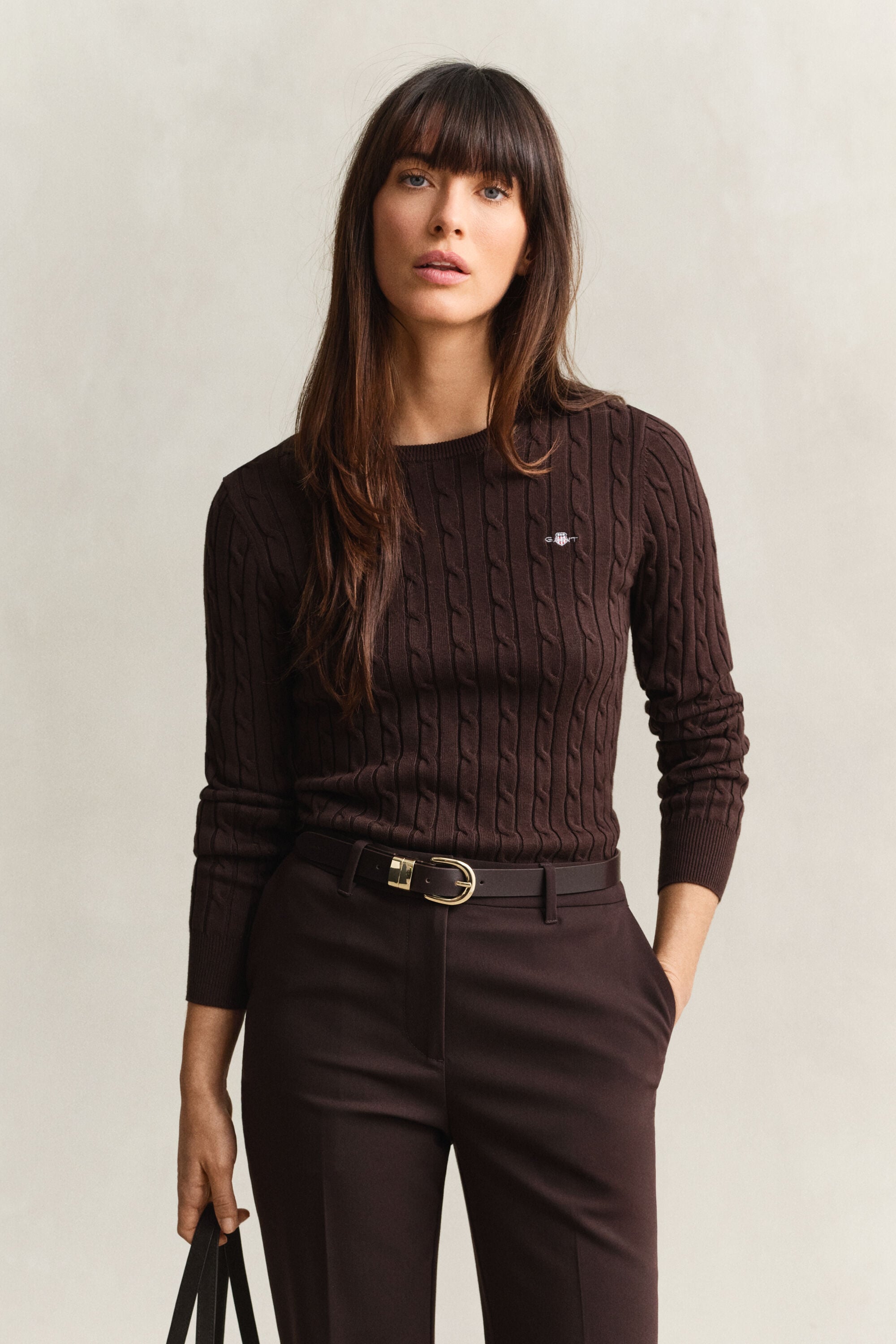 Stretch Cotton Cable Knit Crew Neck Sweater