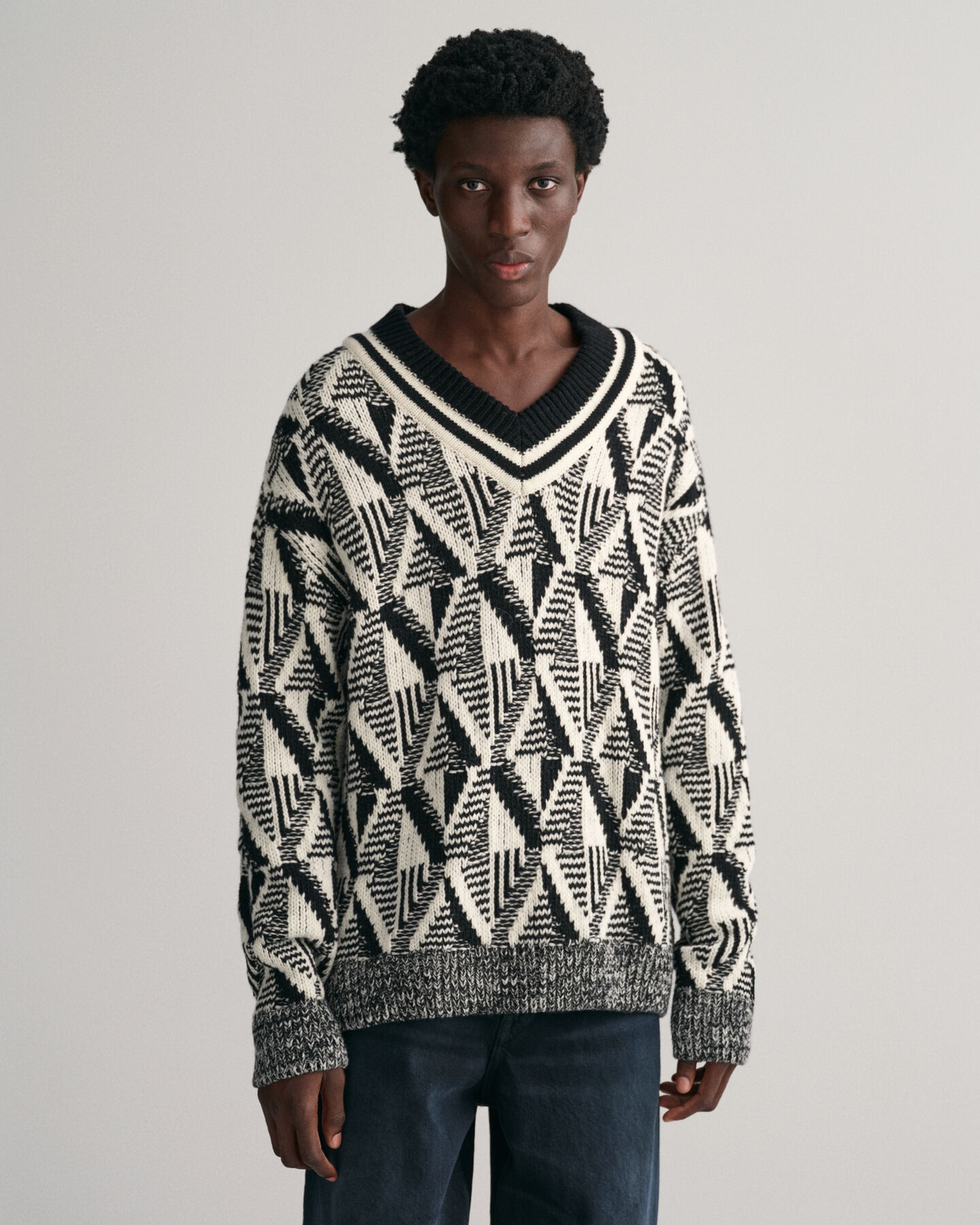 Geometric Patterned V-Neck Sweater