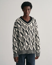 Geometric Patterned V-Neck Sweater