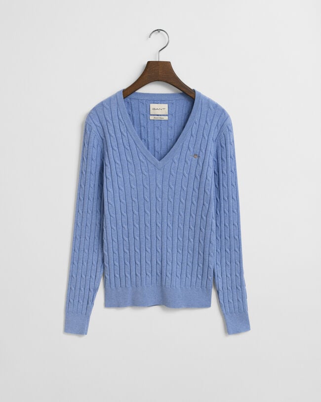 Stretch Cotton Cable Knit V-Neck Sweater