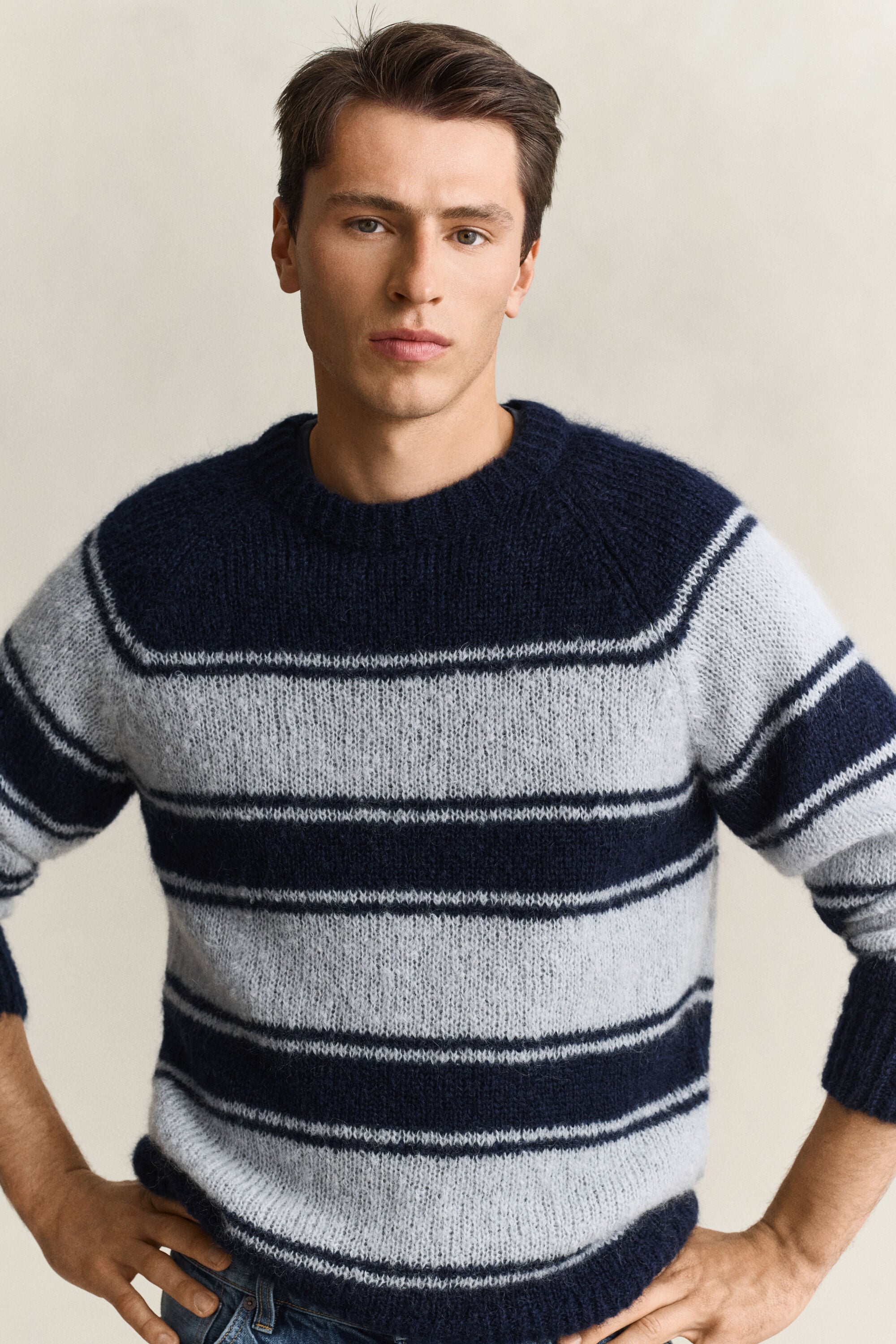 Striped Mohair Blend Crew Neck Sweater