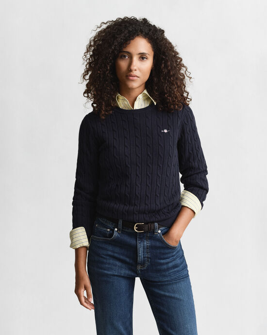 Stretch Cotton Cable Knit Crew Neck Sweater
