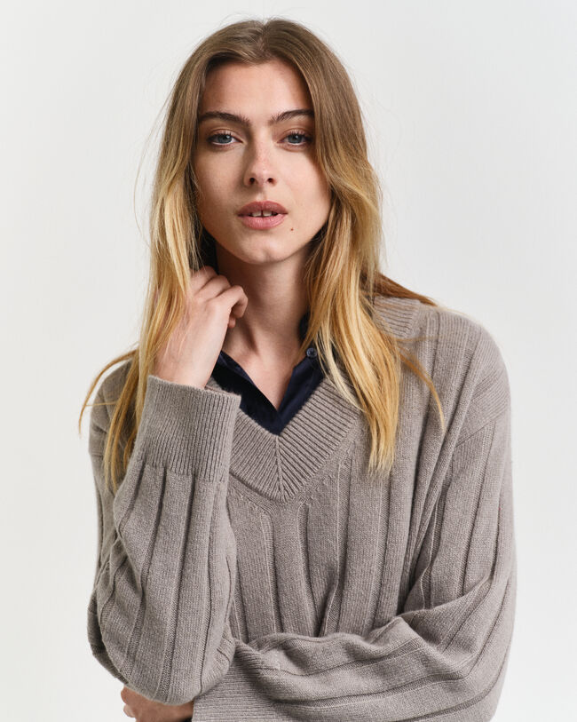 Wide Ribbed Wool V-Neck Sweater