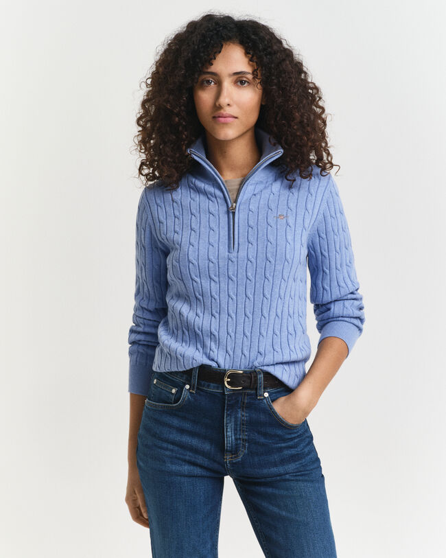 Stretch Cotton Cable Knit Half-Zip Sweater