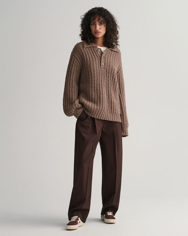Curly Wool Ribbed Polo Sweater