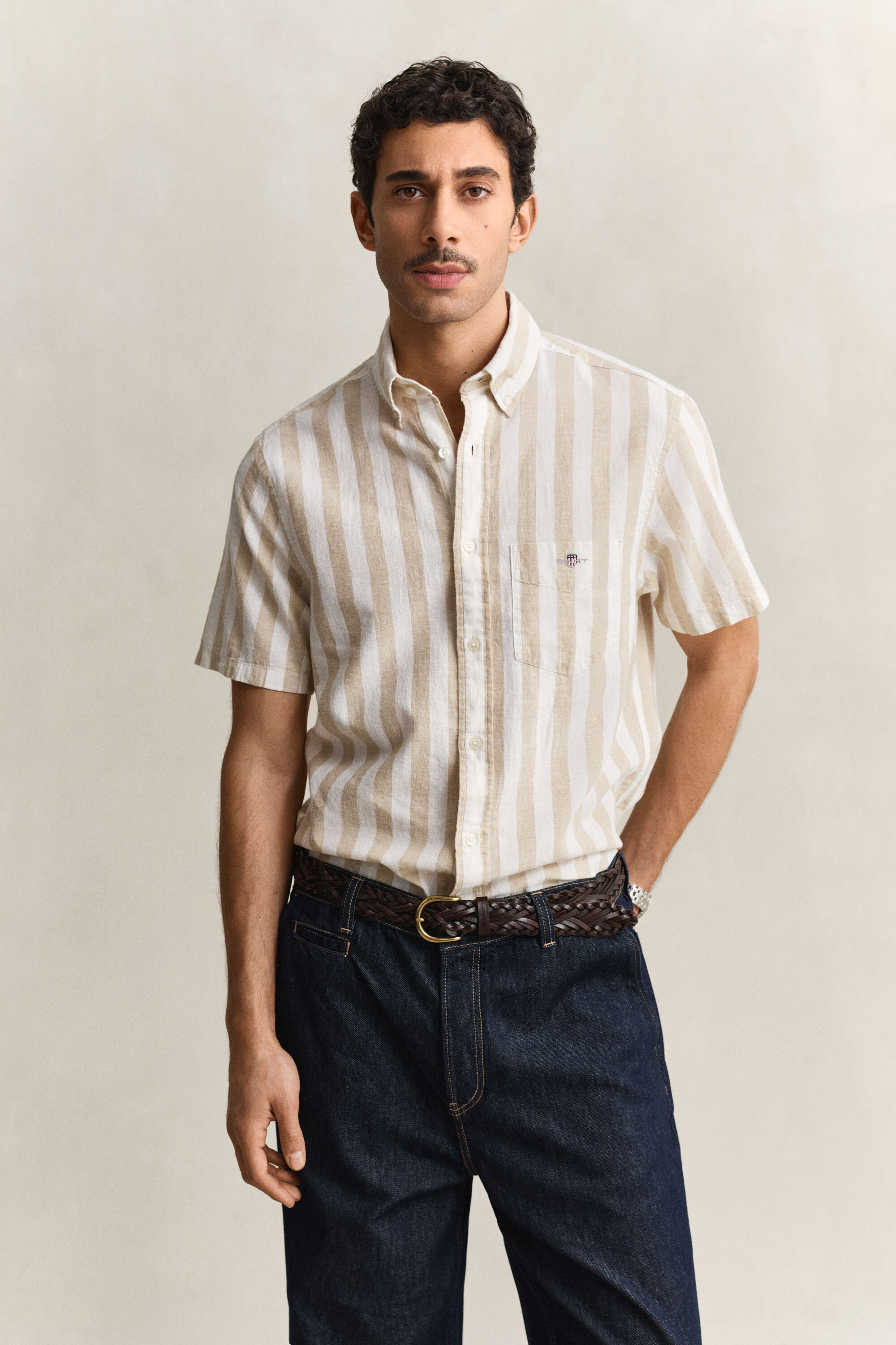 Striped Linen Blend Short Sleeve Shirt