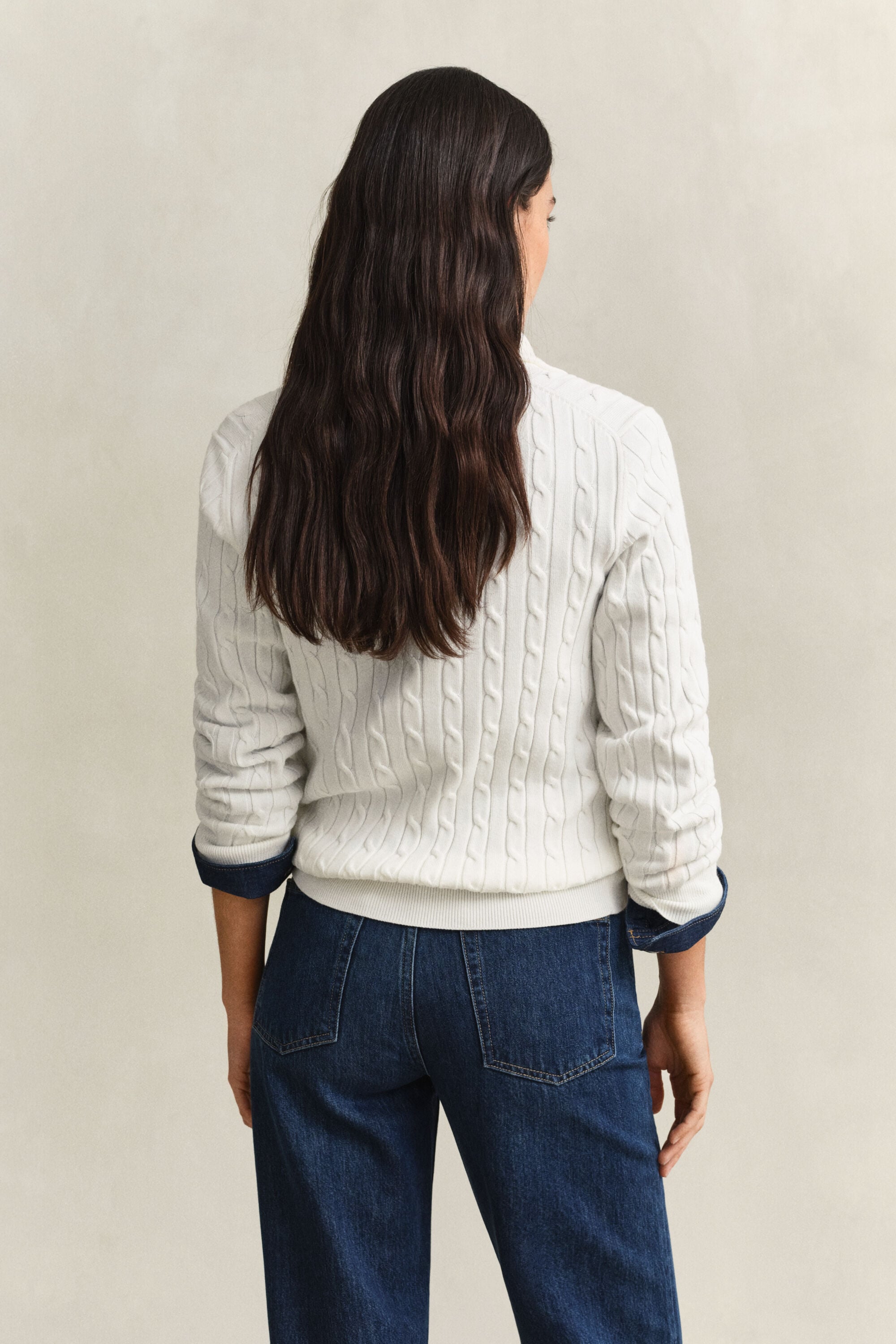Stretch Cotton Cable Knit Half-Zip Sweater