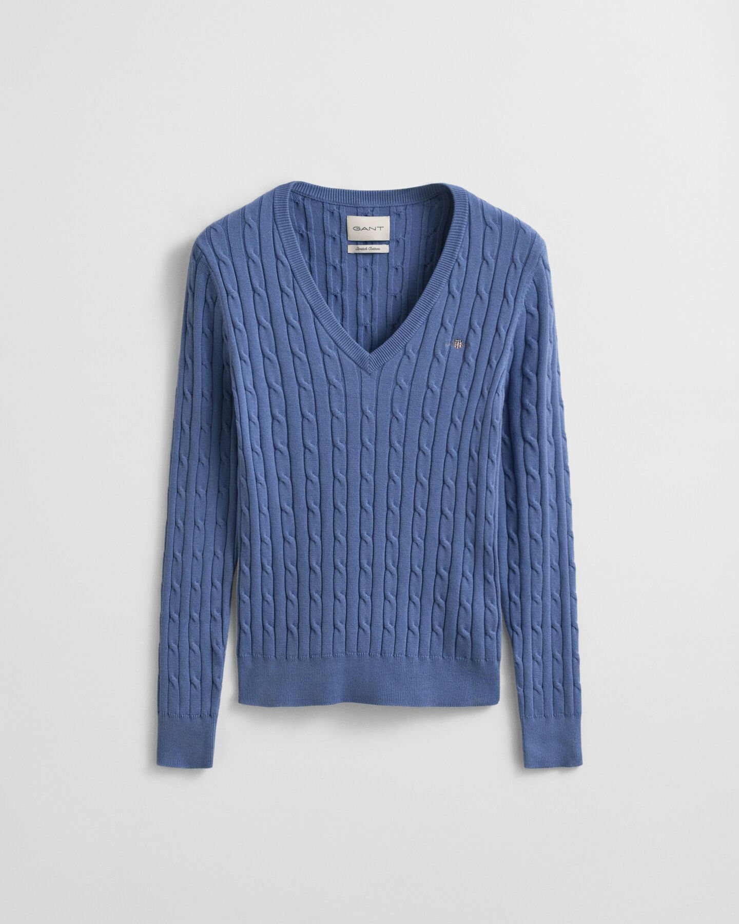 Stretch Cotton Cable Knit V-Neck Sweater