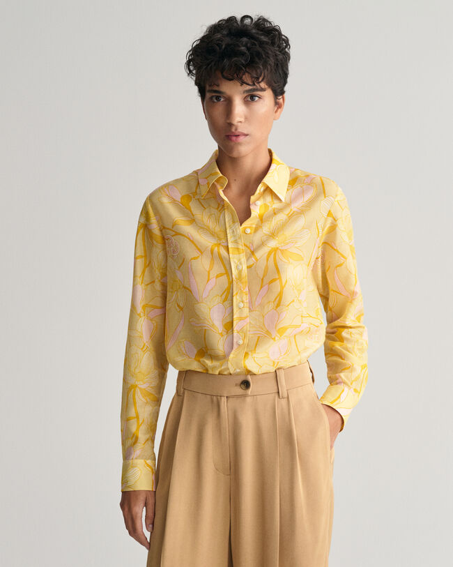 Regular Fit Magnolia Print Cotton Silk Shirt