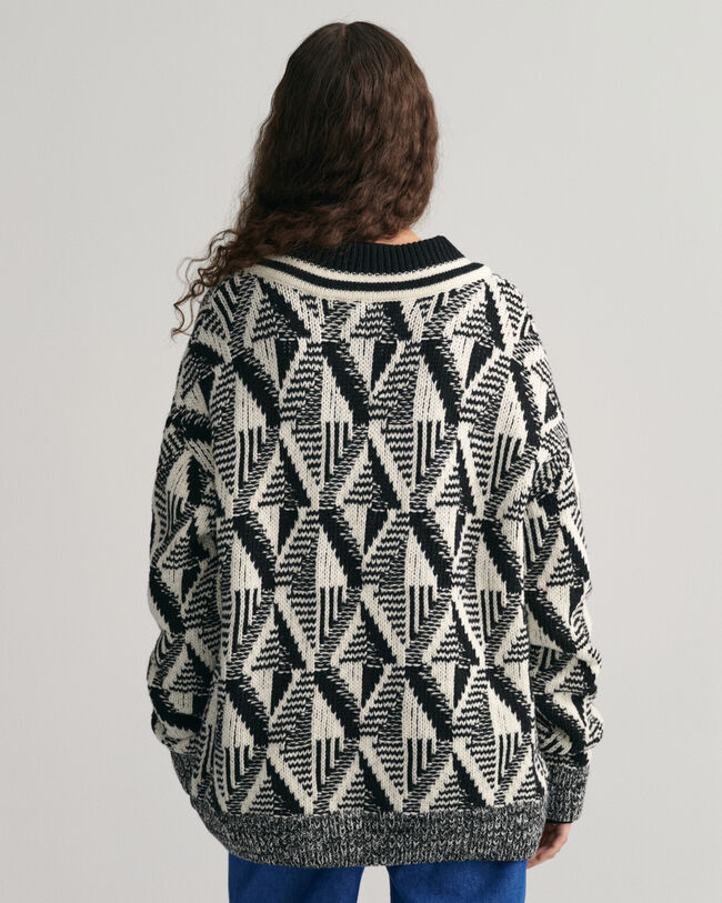 Geometric Patterned V-Neck Sweater