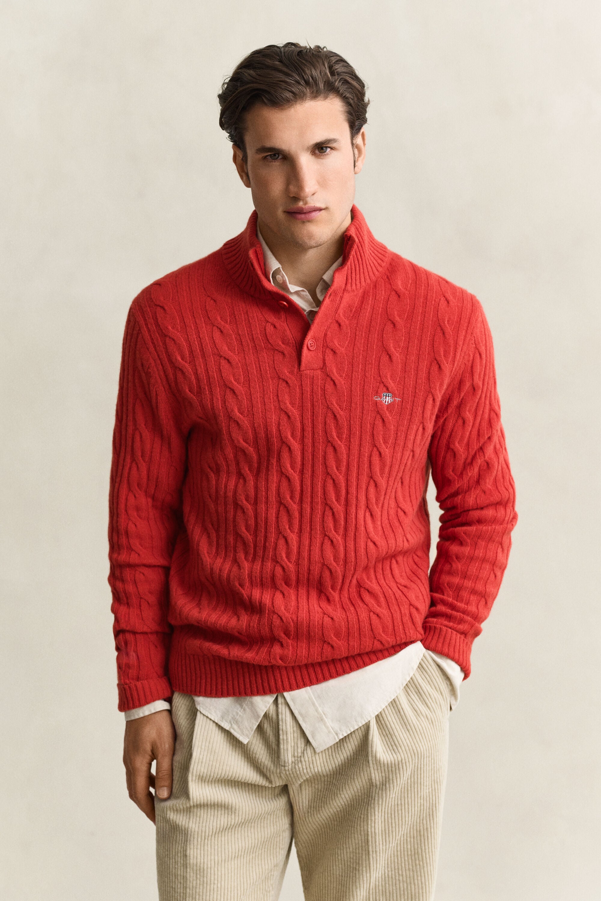 Lambswool Cable Knit Half-Buttoned Sweater