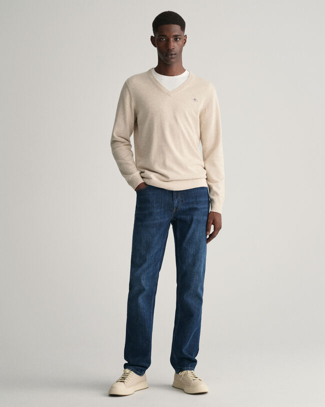 Maglione Uomo GANT Cotone Con Scollo A V - Classico, Logo Ricamato, Vestibilità Normale
