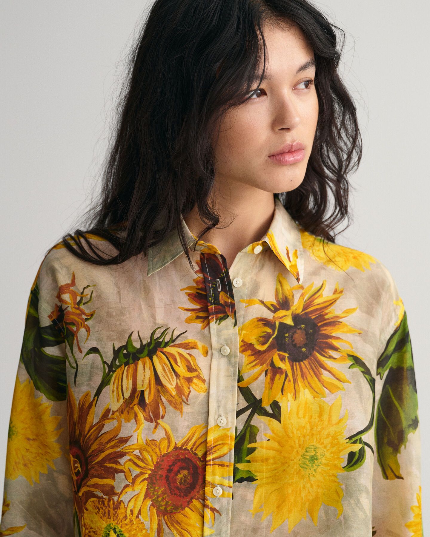 Relaxed Fit Sunflower Print Cotton Silk Shirt