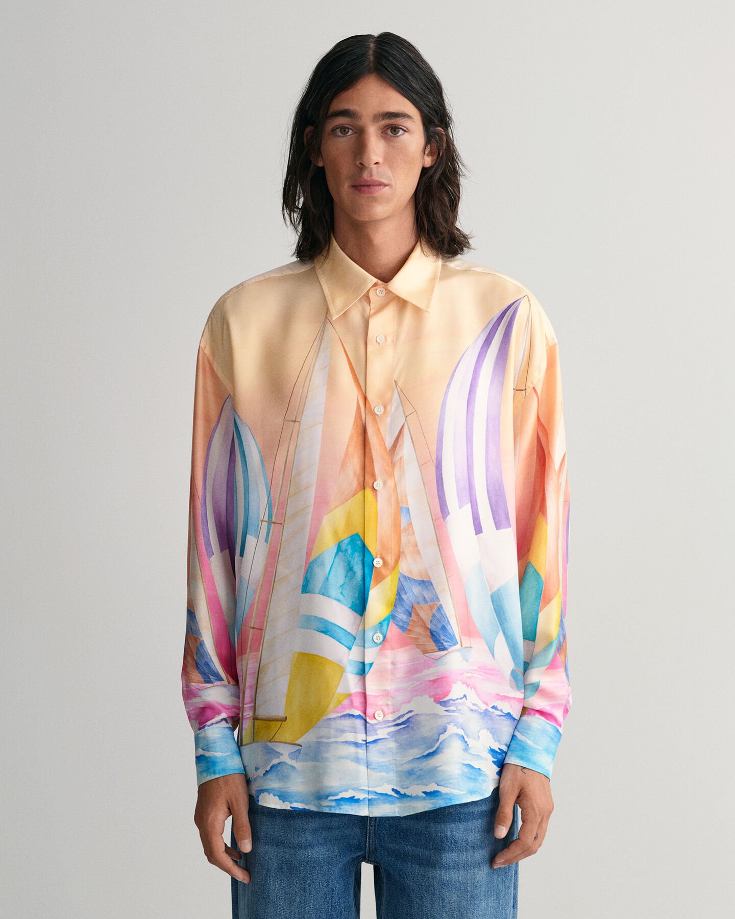 Oversized Sailing Print Silk Shirt