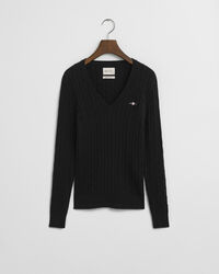 Stretch Cotton Cable Knit V-Neck Sweater