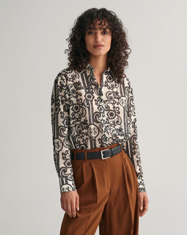 Relaxed Fit Lace Print Cotton Silk Shirt