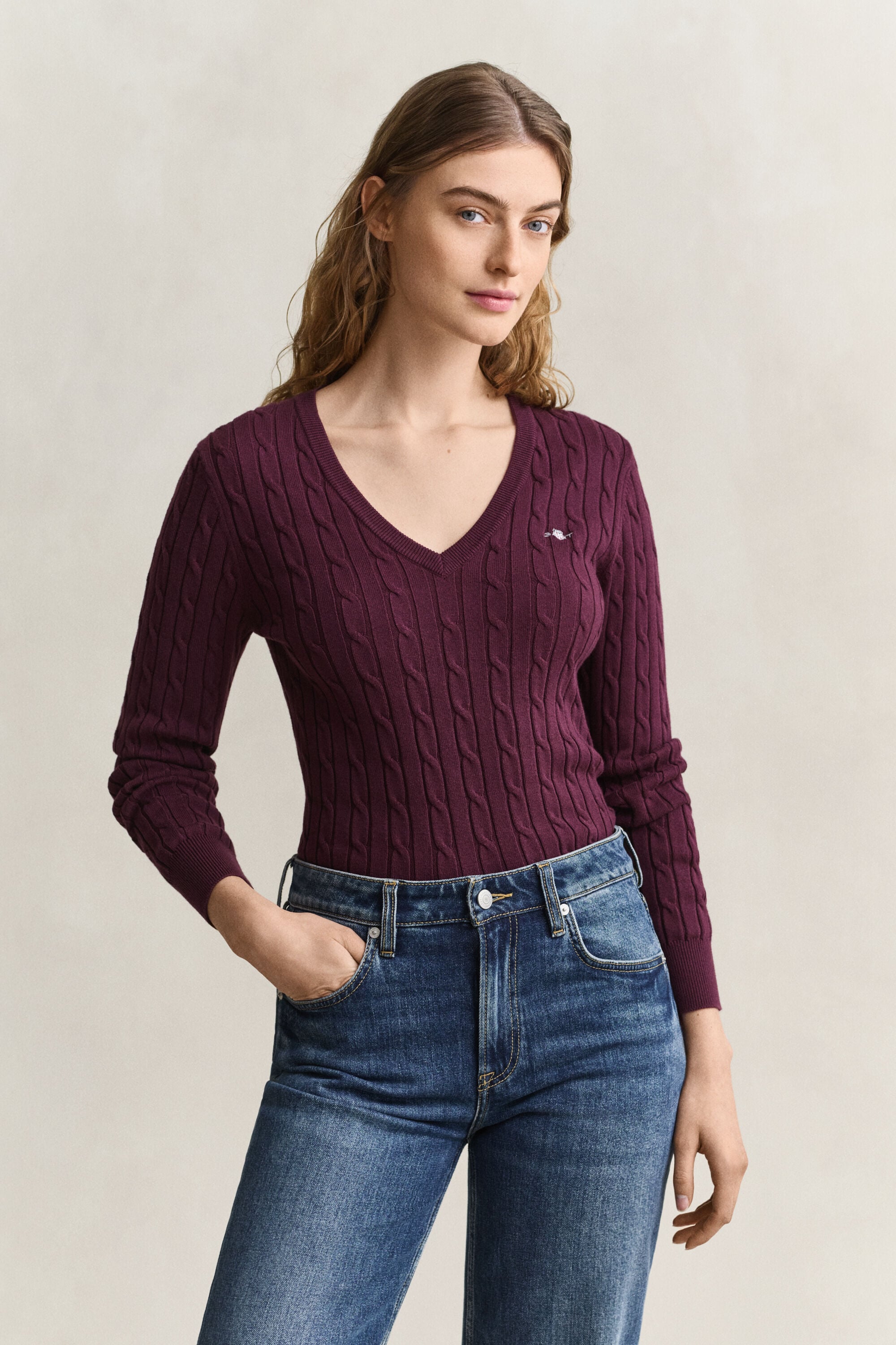 Stretch Cotton Cable Knit V-Neck Sweater