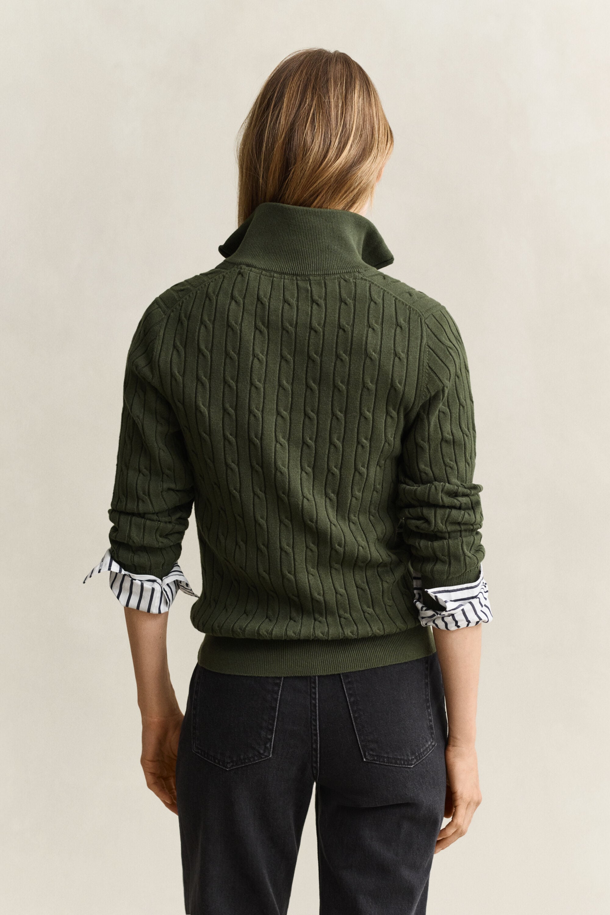 Stretch Cable Knit Half-Zip Sweater — MOSSY GREEN