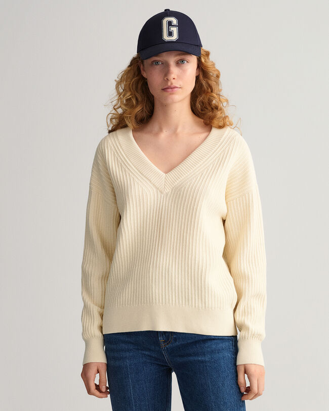 Cotton Ribbed V-Neck Sweater