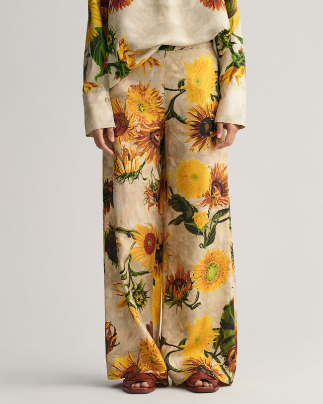 Sunflower Print Wide Leg Silk Pants