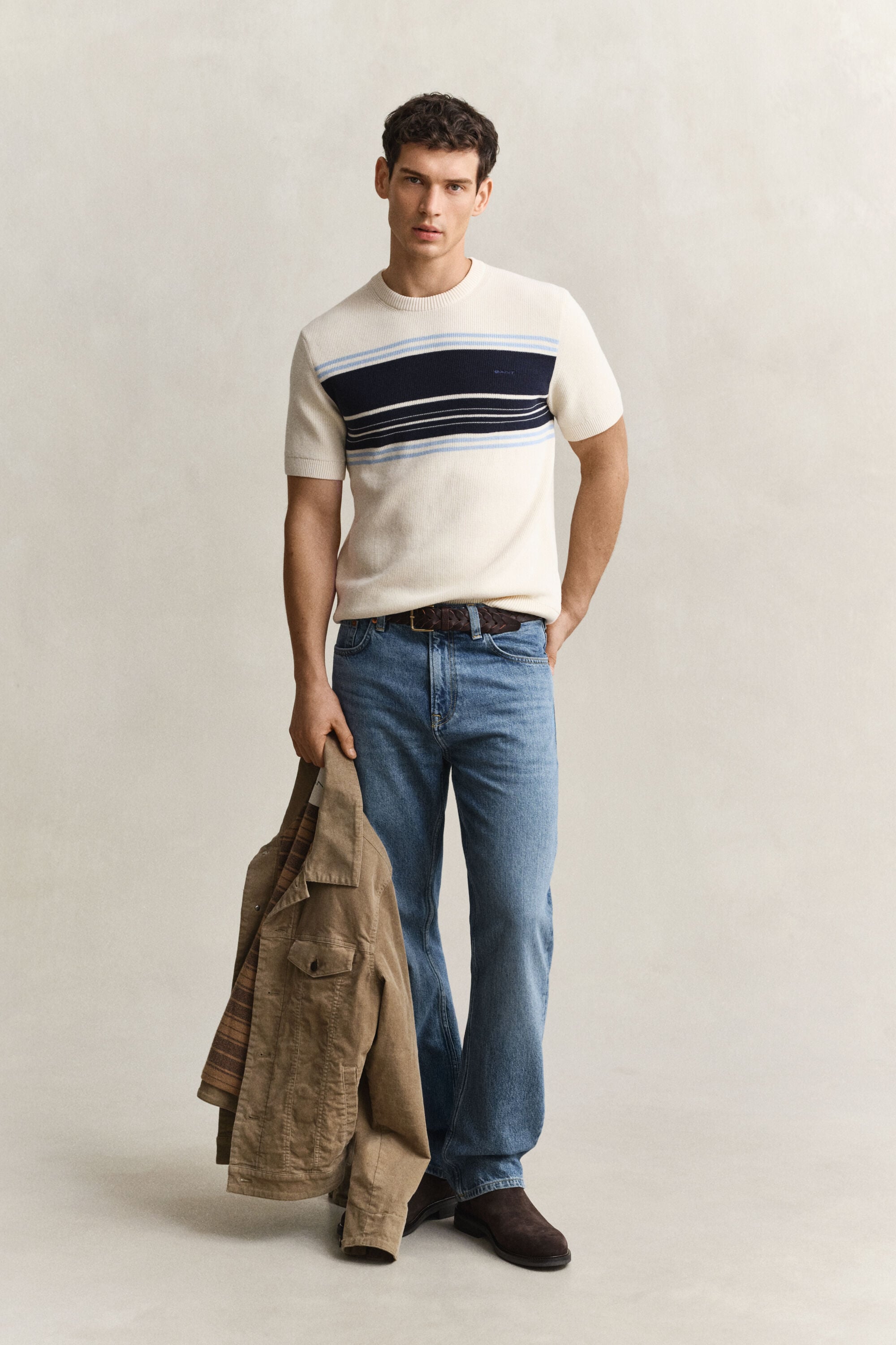 Striped Cotton Rib Short Sleeve Sweater