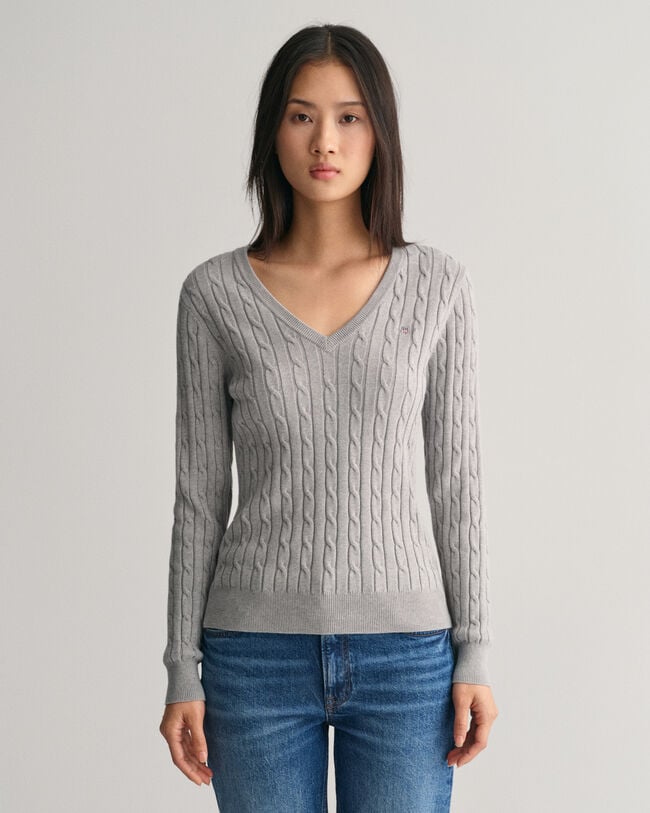 Stretch Cotton Cable Knit VNeck Sweater GANT