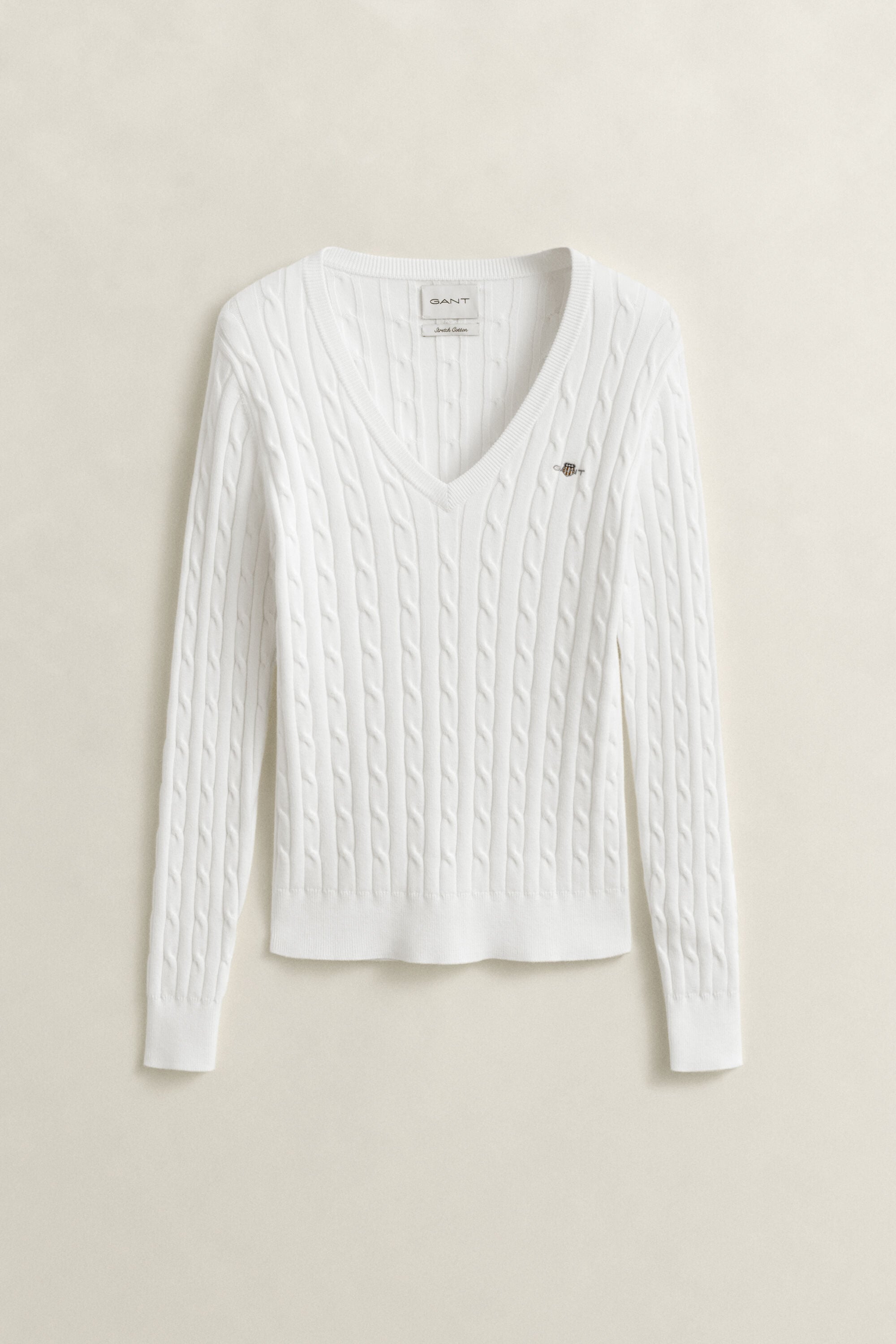 Stretch Cotton Cable Knit V-Neck Sweater