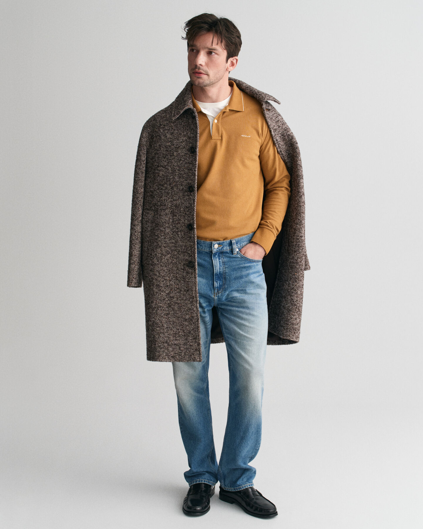 Textured Collar Long Sleeve Polo Shirt