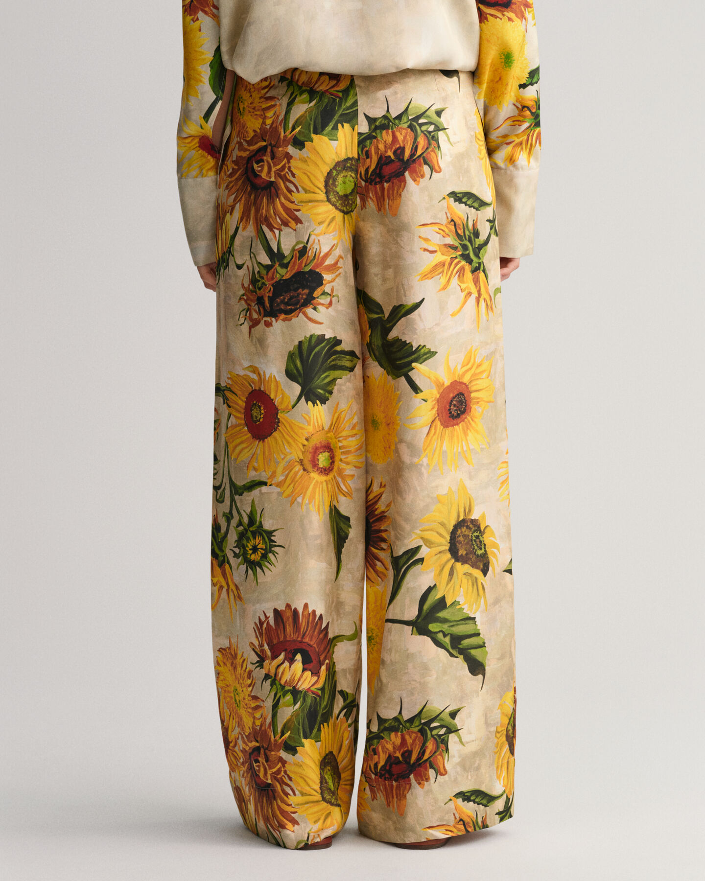 Sunflower Print Wide Leg Silk Pants