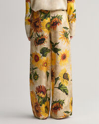 Sunflower Print Wide Leg Silk Pants