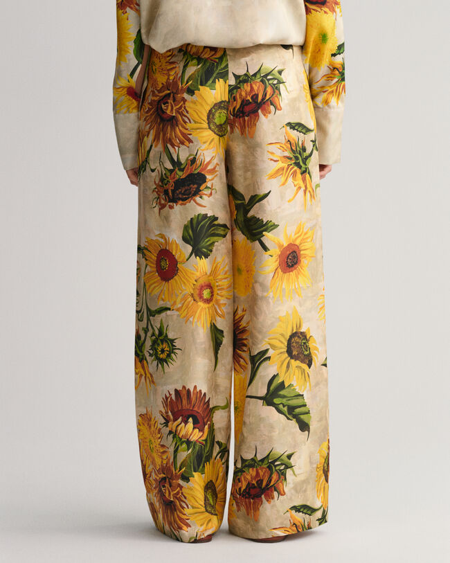 Sunflower Print Wide Leg Silk Pants