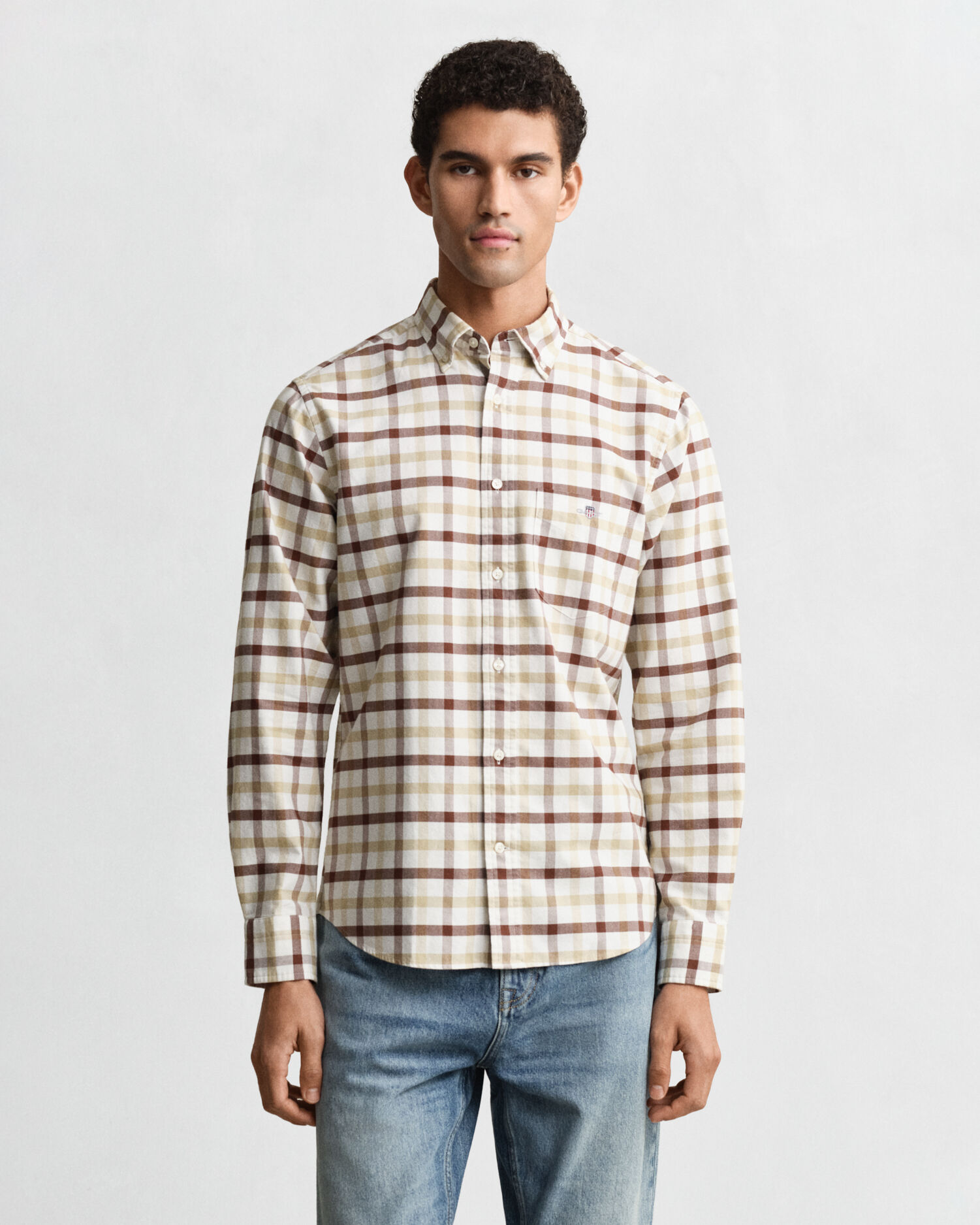 Regular Fit Checked Oxford Shirt — MAHOGANY BROWN