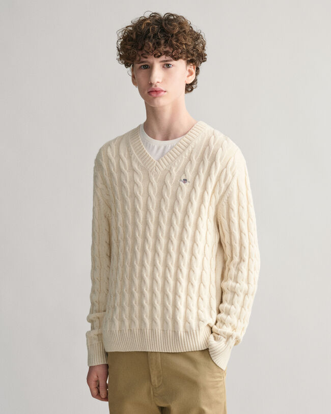 Teens Shield Cable Knit V-Neck Sweater