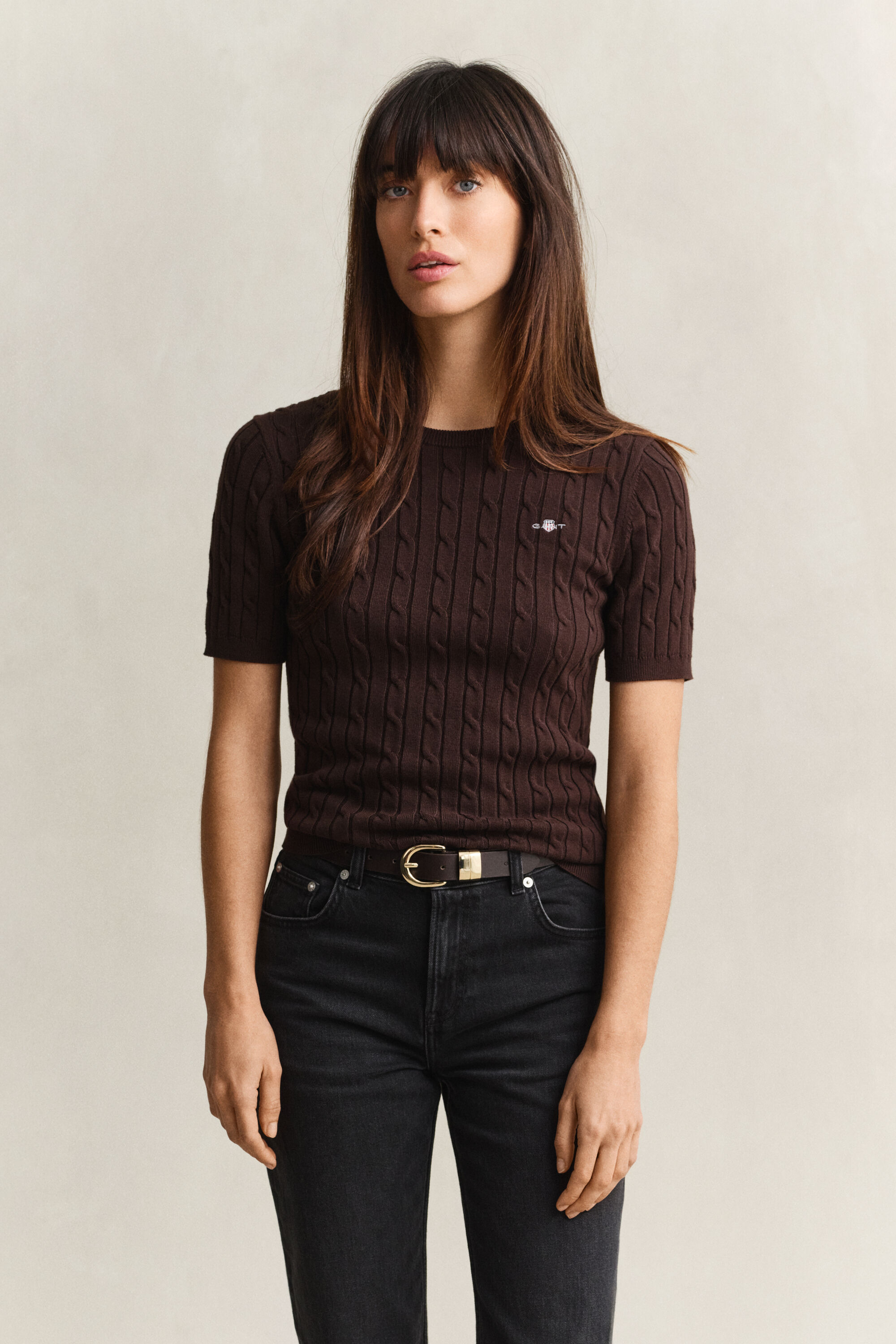 Stretch Cotton Cable Knit Short Sleeve Sweater
