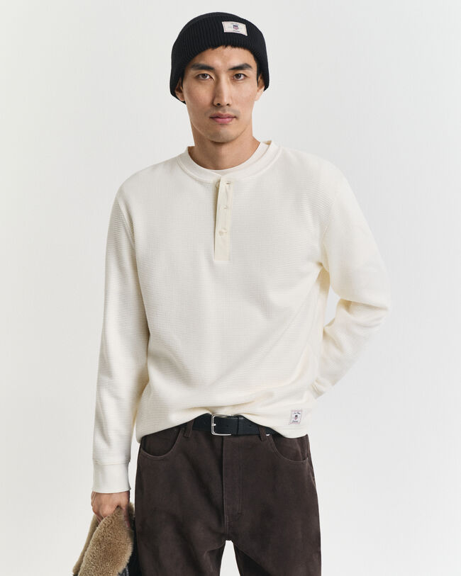 Waffle Textured Long Sleeve Henley T-Shirt