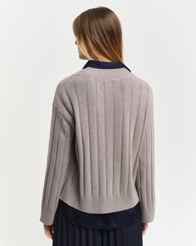 Wide Ribbed Wool V-Neck Sweater