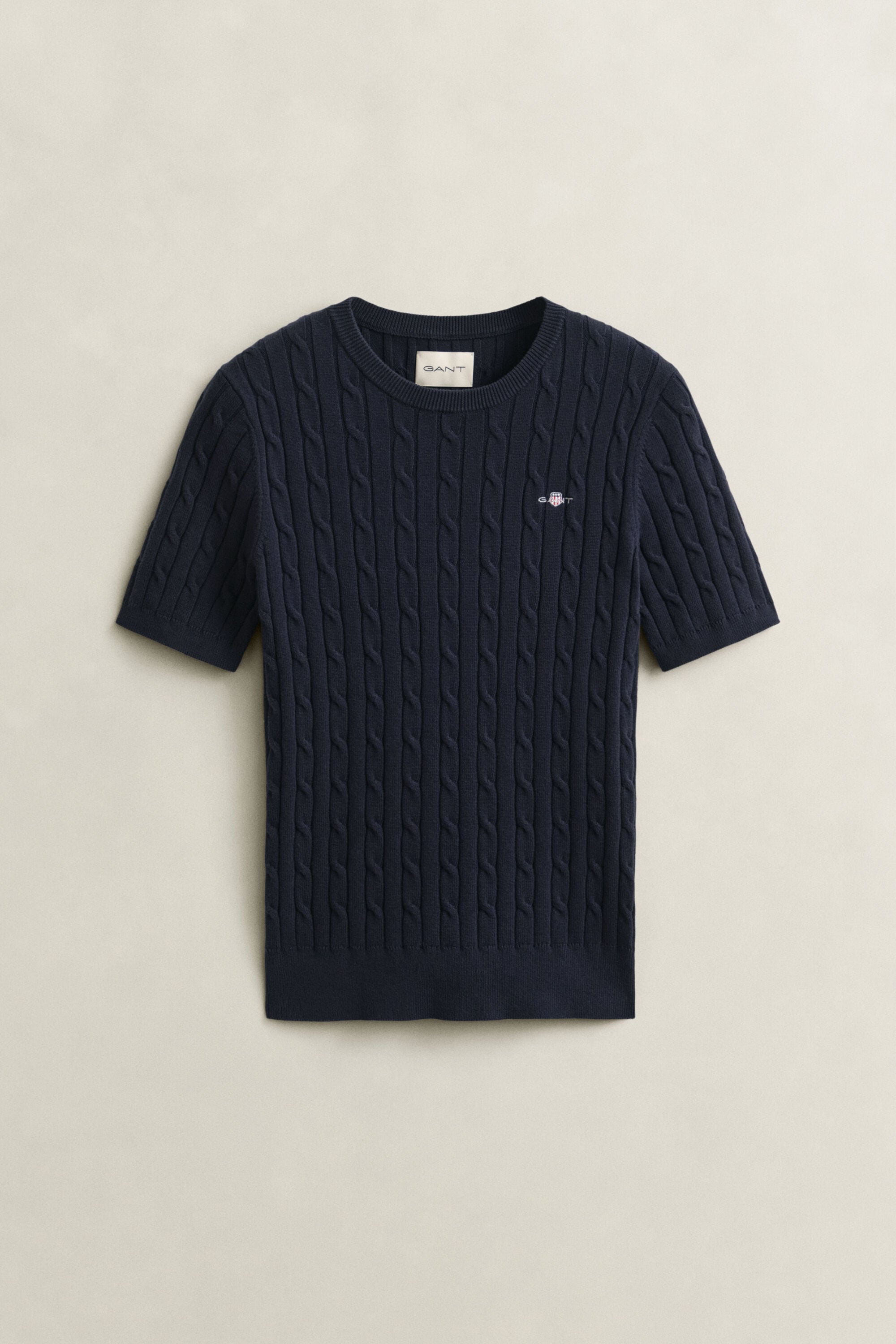 Stretch Cotton Cable Knit Short Sleeve Sweater