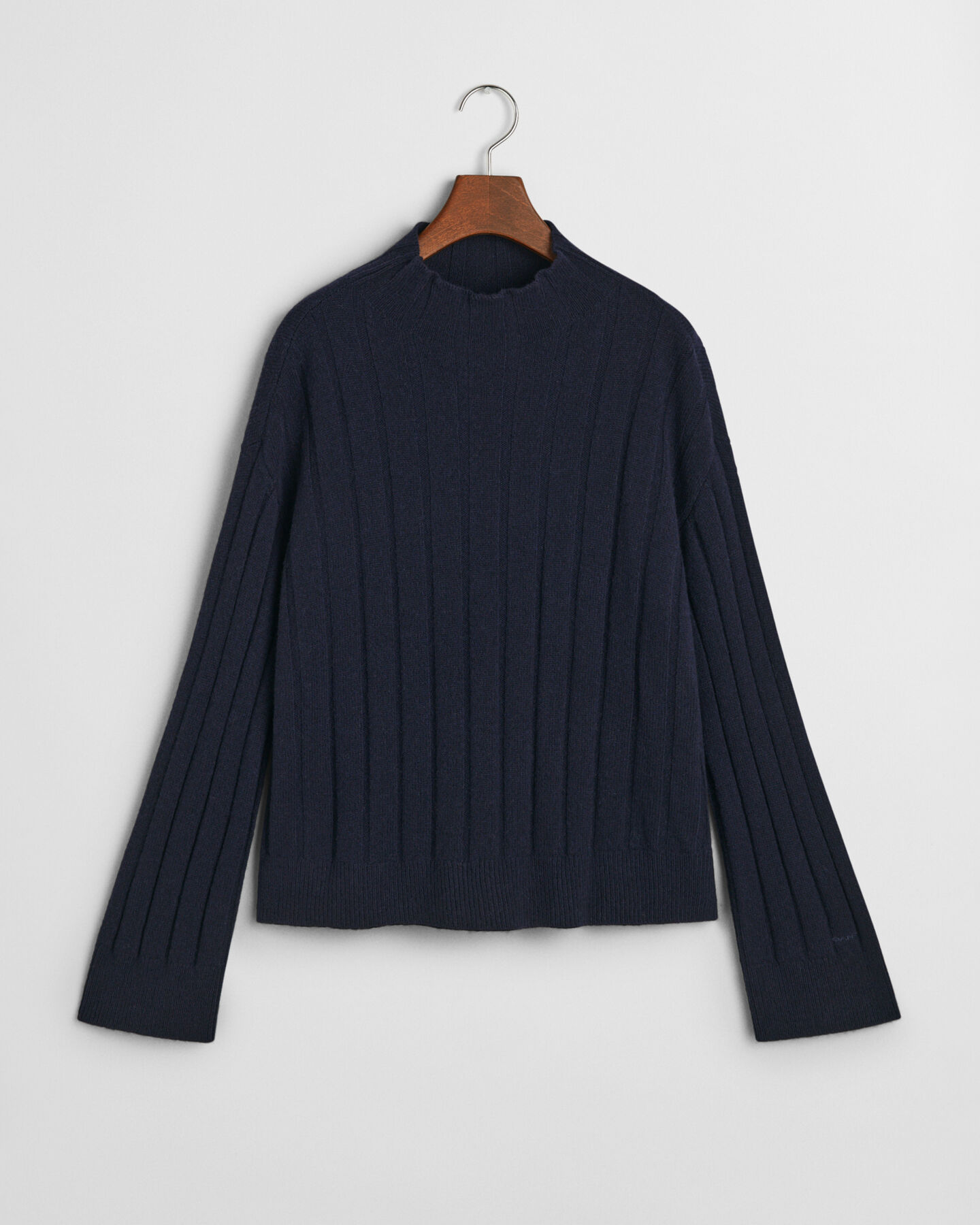 Wide Ribbed Wool Stand Collar Sweater