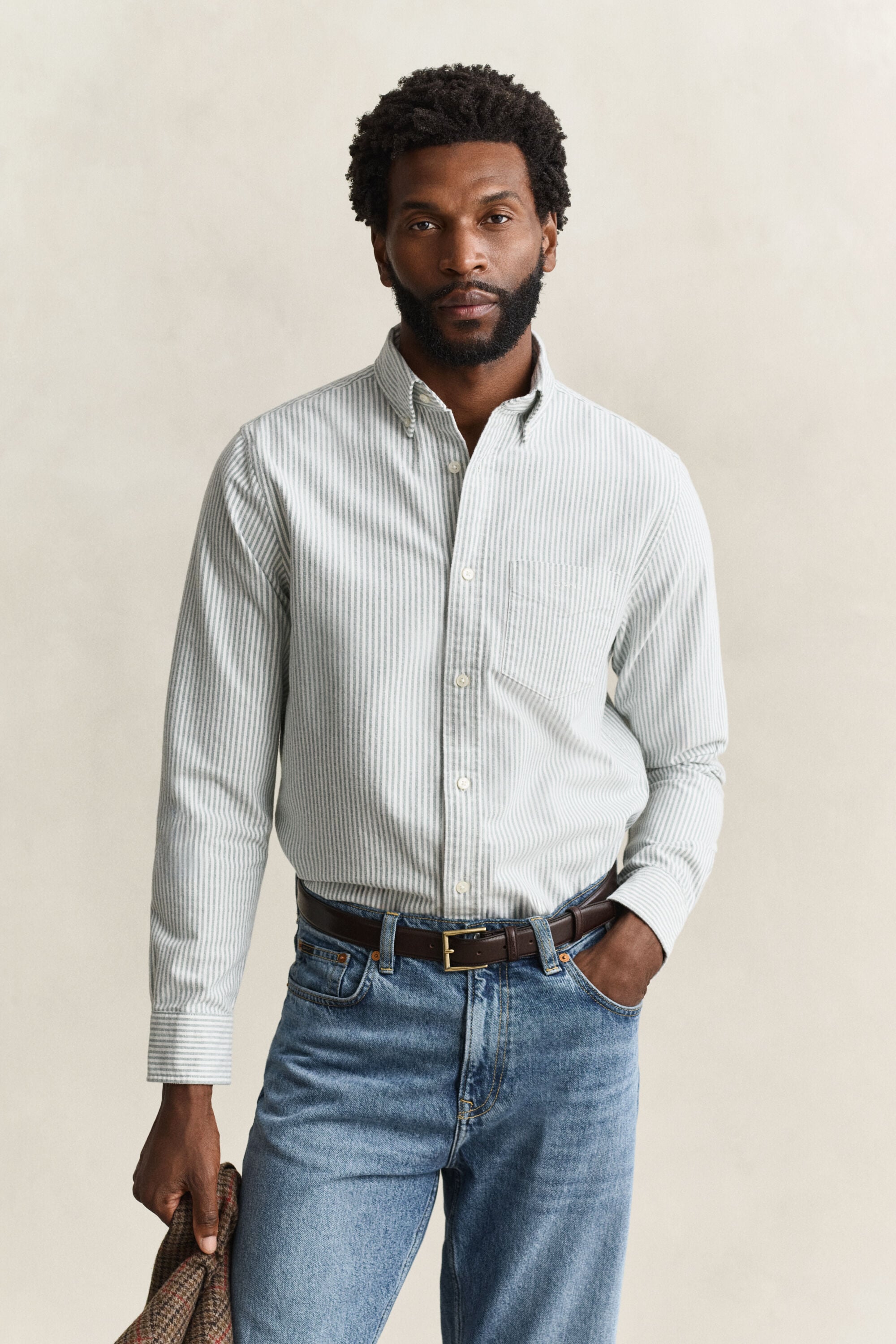 Striped Brushed Oxford Shirt — DARK EMERALD