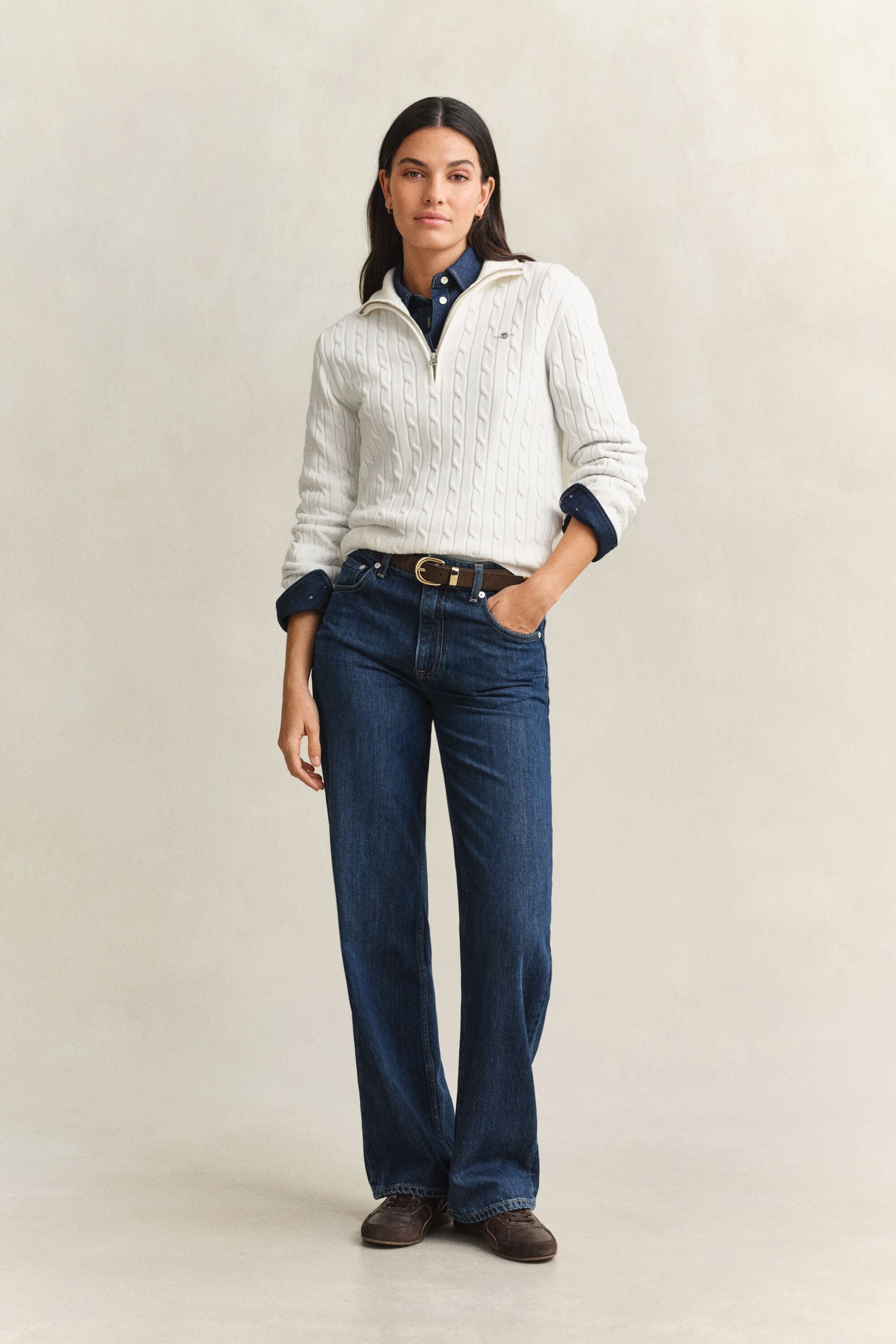 Stretch Cable Knit Half-Zip Sweater