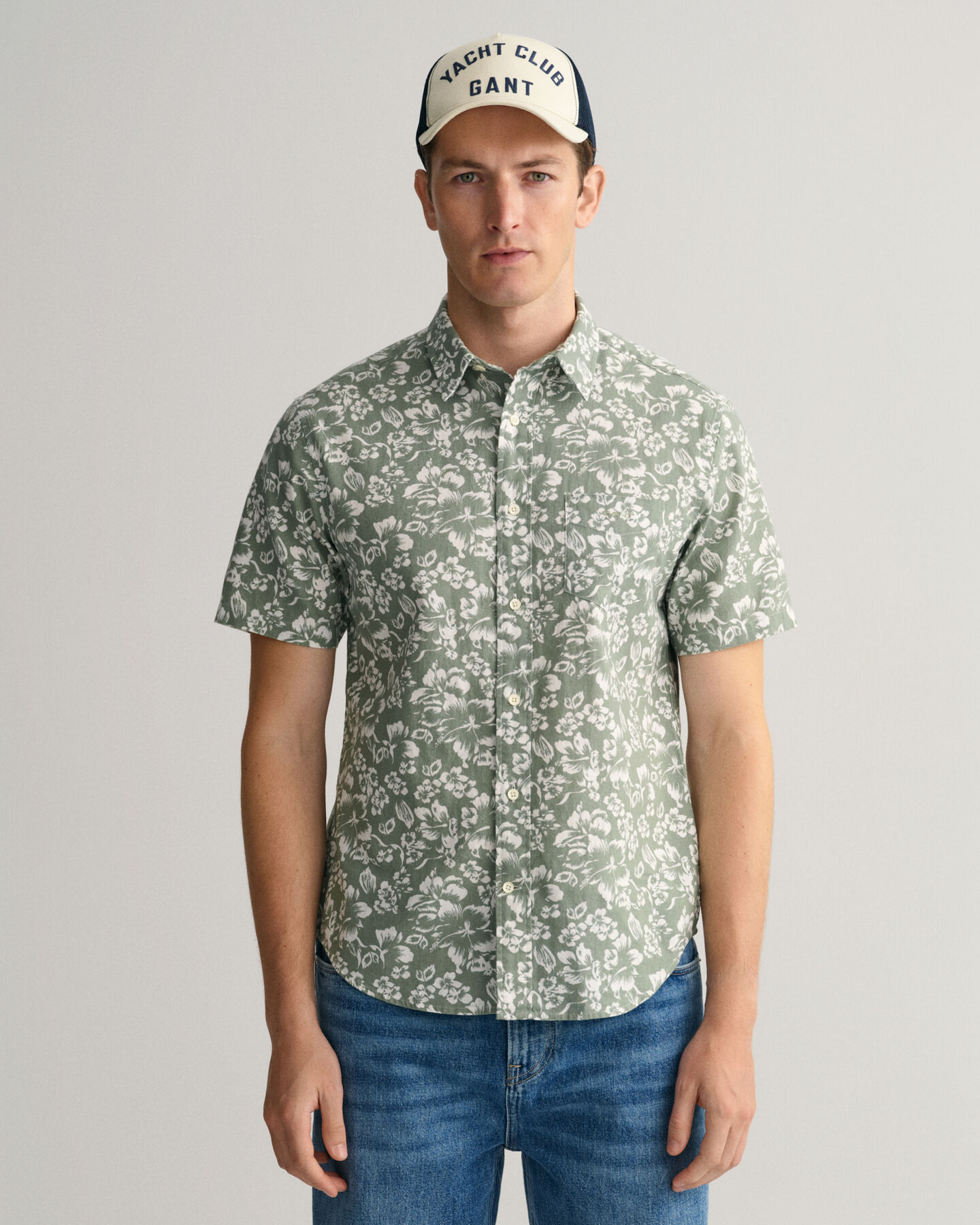 Regular Fit Floral Print Cotton Linen Short Sleeve Shirt