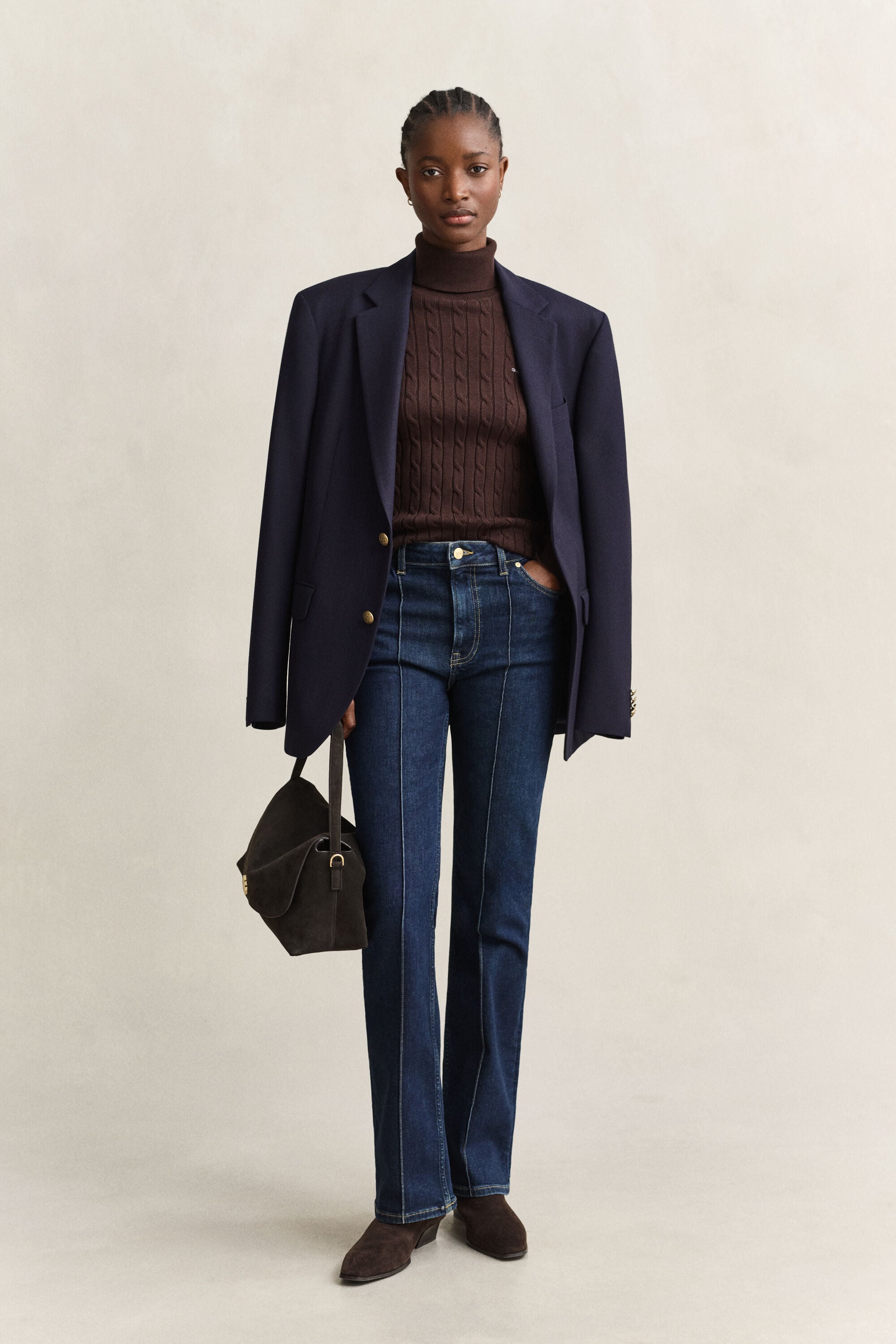 Stretch Cotton Cable Knit Turtleneck Sweater
