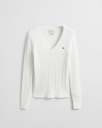 Stretch Cotton Cable Knit V-Neck Sweater