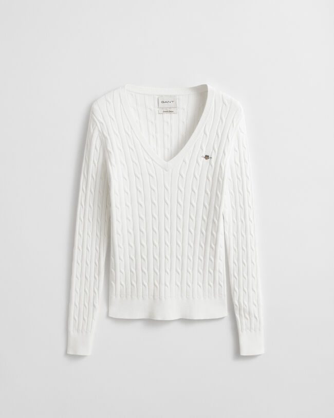 Stretch Cotton Cable Knit V-Neck Sweater
