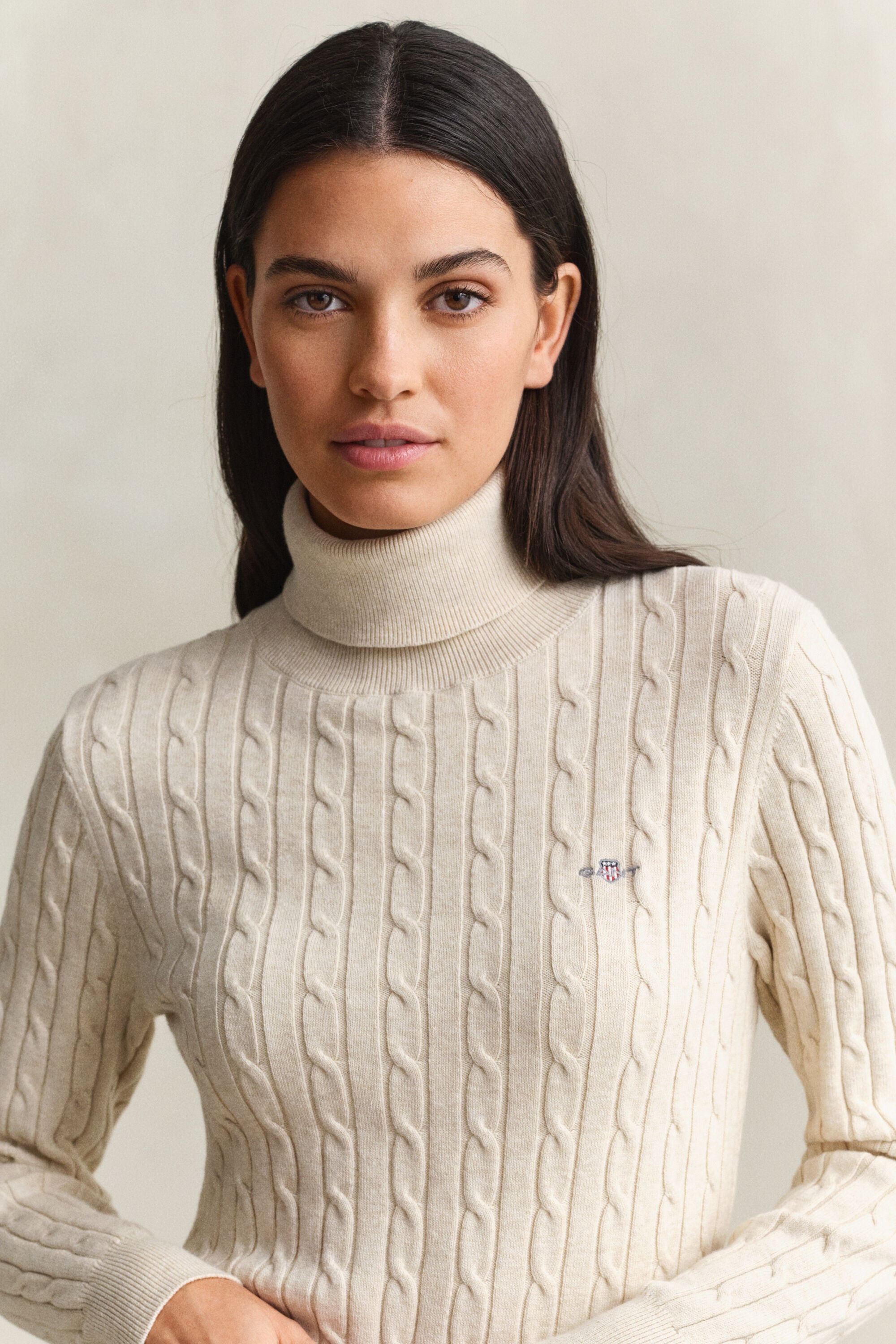 Stretch Cotton Cable Knit Turtleneck Sweater