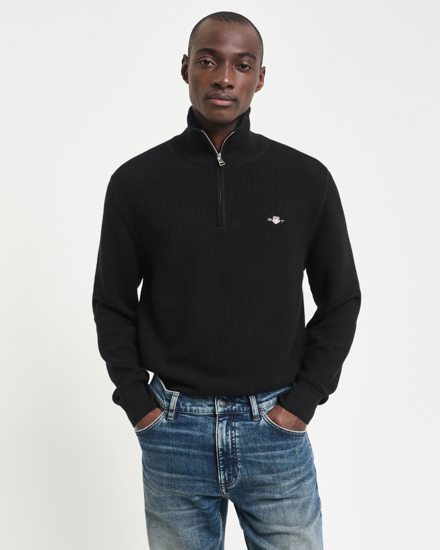 Micro Textured Cotton Half-Zip Sweater