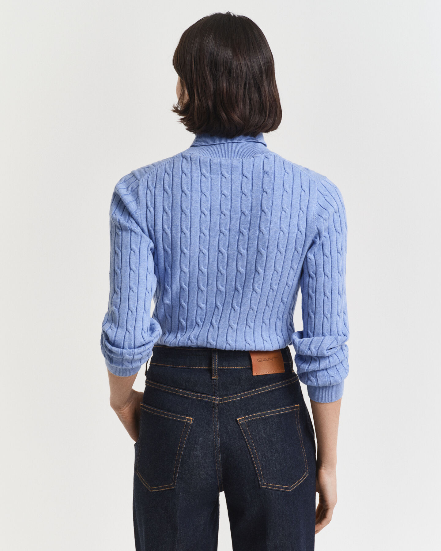 Stretch Cotton Cable Knit Turtleneck Sweater