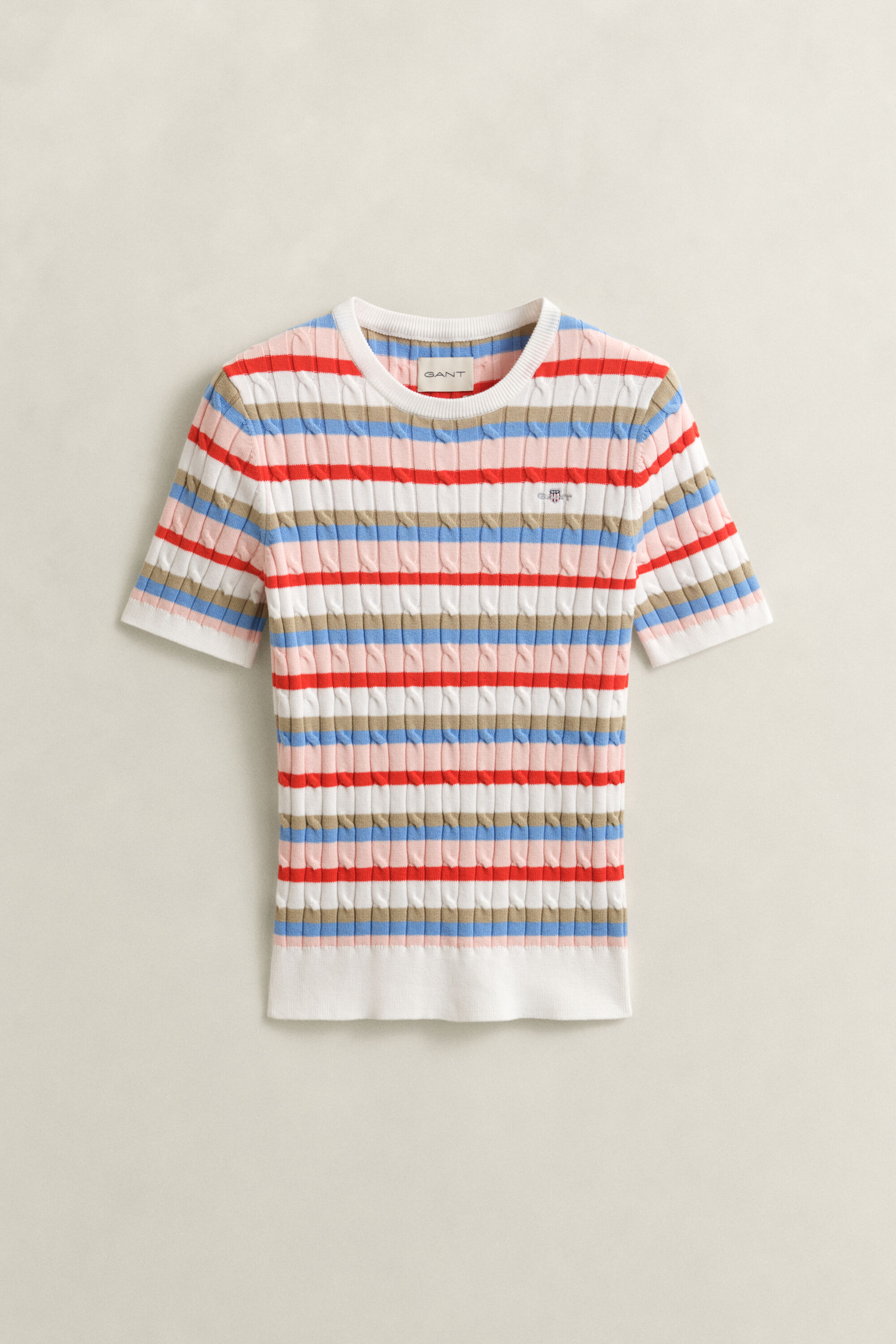 Striped Cable Knit Short Sleeve Sweater